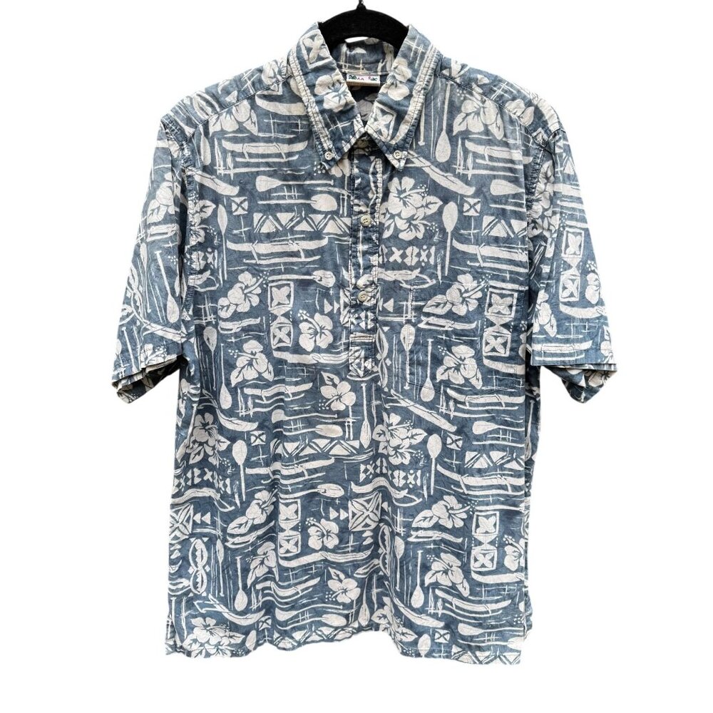 Go Barefoot Vintage Hawaiian‎ Shirt Mens L Blue Floral Print Cotton Short Sleeve